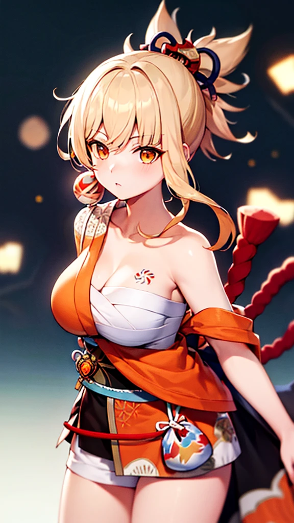 ((masterpiece)),((Highest quality)),High resolution,Perfect lighting,yoimiya(genshin impact), One Woman, Large Breasts, alone, Orange eyes,looking at the camera, expose one shoulder,Blonde,from the front, Cowboy Shot, Arms crossed,Orange kimono,Short kimono,Sarashi、