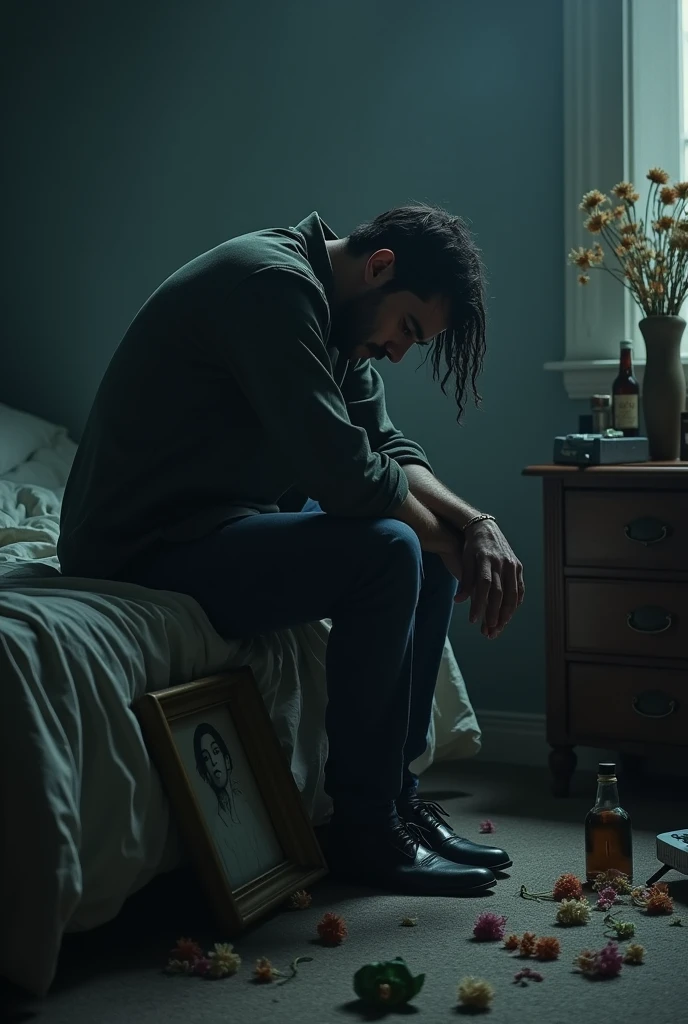 Man sitting on the edge of the bed, a portrait in hand, sad, melancholy, sobbing, remembering, To the woman who left forever, Drowning his sorrow with (several bottles of alcohol), drugs scattered everywhere visible, a room somewhat dark, dark, sober, wishing to die to be with her, some rays of moonlight enter subtly, illuminating some spaces of the room, on the dresser some wilted flowers that he never delivered.
