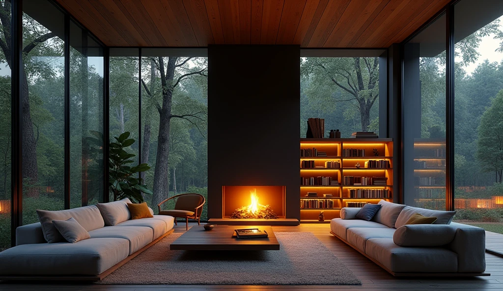 at night, a modern living room with fireplace, bookshelves, couches and large windows, in the style of vray tracing, organic and naturalistic compositions, cabincore, japanese-inspired, subtle luminosity, glazed surfaces, meticulous design. This image has 8K resolution. --ar 4:3,nature 8k,room in the forest at night 8k quality