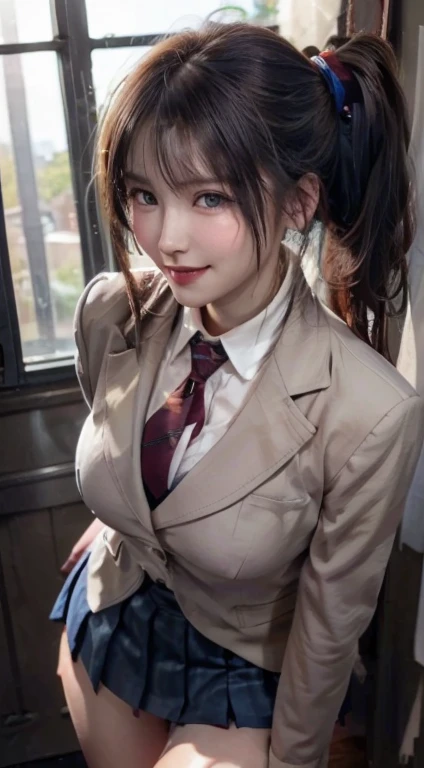 (masterpiece:1.2, Highest quality), (Realistic, photoRealistic:1.4), Beautiful illustrations, Browsing Caution,
View your viewers, Cowboy Shot, Front view:0.8,
1 person, Japanese, high school girl, Black Hair, (Mid-length hair:1.4, Low Ponytail:1.2), bangs, Hair between the eyes, blue eyes, Large Breasts:1.0, (Thick thighs),
Beautiful Hair, Beautiful Face, Beautiful attention to detail, Beautiful clavicle, Beautiful body, Beautiful breasts, Beautiful thighs, Beautiful feet, Beautiful fingers,
(Beautiful views), dawn, Bright and refreshing classrooms, machine, Chair, curtain,
((Dark Blue Blazer, Dark blue pleated mini skirt, socks, Private School Uniforms:1.2, Maroon tie)), White panties,
(want), ((Seductive posture: 1.2, charm: 1.2)), (Idol),
(erotic,sexy, Upward glance, A cheerful smile: 1.2), Glowing Skin, Open your mouth,
Perfect Face, Cute and symmetrical face, Natural Side Lighting, Cinema Lighting),