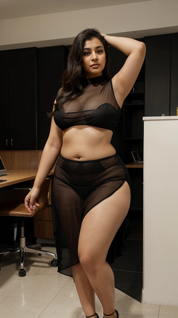 Office scene, A radiant, full-figured South Indian 35 year old aunty a cream colour  fully transparent chiffon skirt and black colour fully transparent chiffon shirt, captured in a full-body image with vibrant hues and meticulous details. Full body image