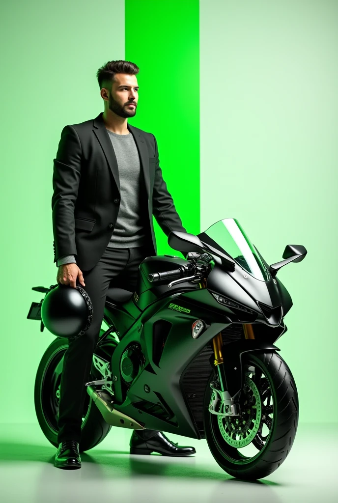 An attitude man standing beside sports bike with a helmet in his hand and type "sobuj" like vertical line and big front