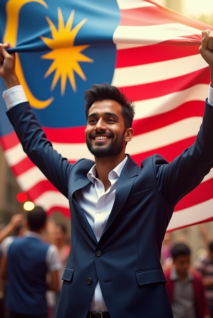Handsome Indian man holding Malaysia flag for the Independence day
