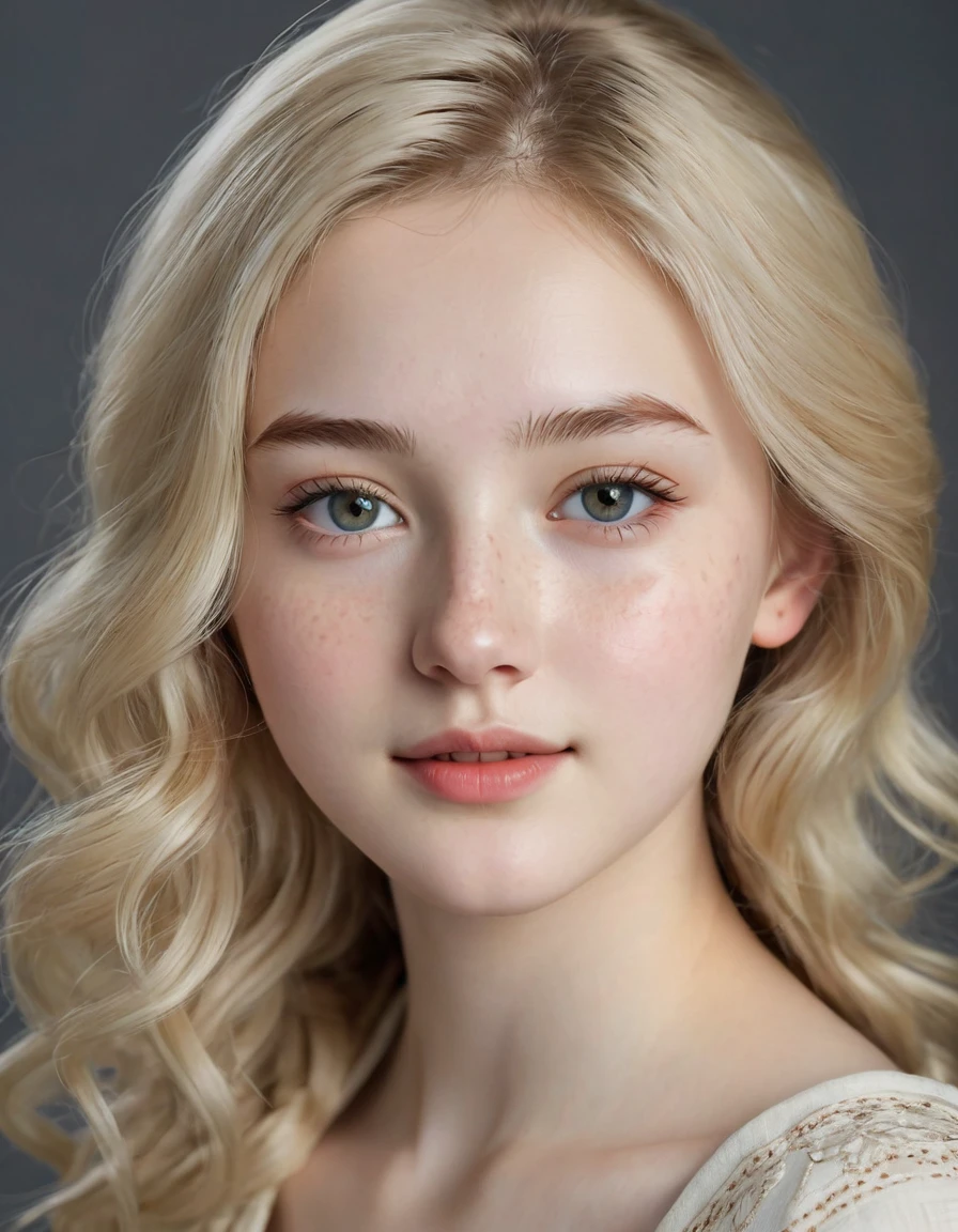 A very beautiful realistic girl, central Asian girl, 15-years-old, porcelain skin, very fair skin, very pale skin, blonde hair, wavy, freckles skin, hazel eyes, slant eyes, small nose, thick curved eyebrow, seductive gaze, happy face, unique face, detail photo, realistic photo, master piece picture, sharp picture.