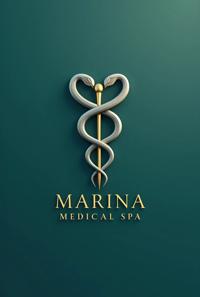 Make me a logo with a minimalist and elegant approach. In the middle, the Cabo San Lucas arch symbol, represented by two stylized snakes that gracefully coil around a slender, polished staff. The staff is golden, radiating a sense of luxury and distinction.
The background is a soft shade of navy blue or emerald green, evoking tranquility and health. The serpent lines are thin and silver, complementing the staff and adding a modern and sophisticated touch.
Below the symbol, the name of the spa is called MARINA MEDICAL SPA is written in an elegant serif font, also in gold, to harmonize with the staff. The typography has a classic but modern style, projecting confidence and professionalism.
On the whole, the logo communicates a feeling of well-being, high quality and exclusive medical care, ideal for a medical spa.