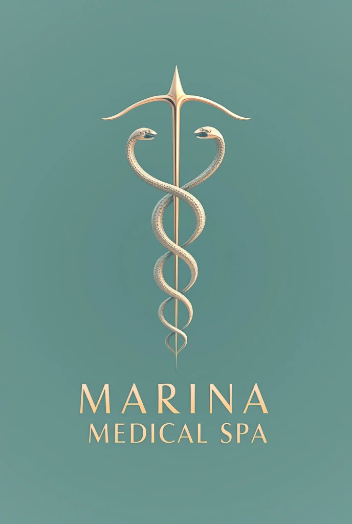 Make me a logo with a minimalist and elegant approach. In the middle, the Cabo San Lucas arch symbol, represented by two stylized snakes that gracefully coil around a slender, polished staff. The staff is golden, radiating a sense of luxury and distinction. 

The background is a soft shade of navy blue or emerald green, evoking tranquility and health. The serpent lines are thin and silver, complementing the staff and adding a modern and sophisticated touch. 

Below the symbol, the name of the spa is called MARINA MEDICAL SPA is written in an elegant serif font, also in gold, to harmonize with the staff. The typography has a classic but modern style, projecting confidence and professionalism. 

On the whole, the logo communicates a feeling of well-being, high quality and exclusive medical care, ideal for a medical spa.