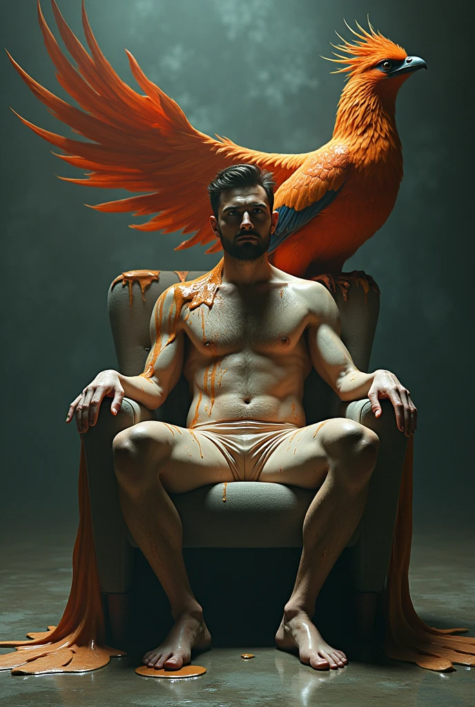 guy with sticky liquid on  body back wing
 sit on chair with phoenix bird side
