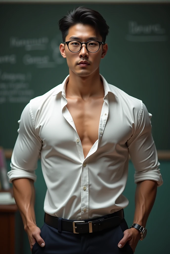 Korean gentleman,super big breasts ,teacher,shiny tight clothes, tanned skin,clean shave,Handsome and elegant,wear glasses, sexy , Masculine and handsome,musculous,Muscles look good,,, Full body photo,(ultra-detailed, photorealistic, best quality, 4k, 8k, highres, masterpiece:1.3), a mature man, charming and distinguished , (muscular build body), wearing tailored shiny dress light colored shirt, sweat, unbutton buttons shirt, lewd face ,tight chest, sex,See-through shirt, erotic, horny, , Accessories include a luxury wristwatch, in school,looking at viewer,muscle veins,no underwear ,Tight shirt makes muscle,unbutton,six pack,squat,view from below