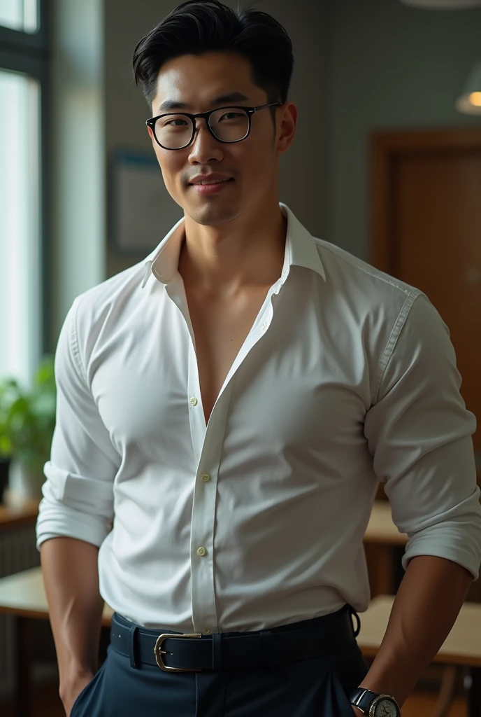 Korean gentleman,super big breasts ,teacher,shiny tight clothes, tanned skin,clean shave,Handsome and elegant,wear glasses, sexy , Masculine and handsome,musculous,Muscles look good,,, Full body photo,(ultra-detailed, photorealistic, best quality, 4k, 8k, highres, masterpiece:1.3), a mature man, charming and distinguished , (muscular build body), wearing tailored shiny dress light colored shirt, sweat, unbutton buttons shirt, lewd face ,tight chest, sex,See-through shirt, erotic, horny, , Accessories include a luxury wristwatch, in school,looking at viewer,muscle veins,no underwear ,Tight shirt makes muscle,unbutton,six pack,squat,view from below