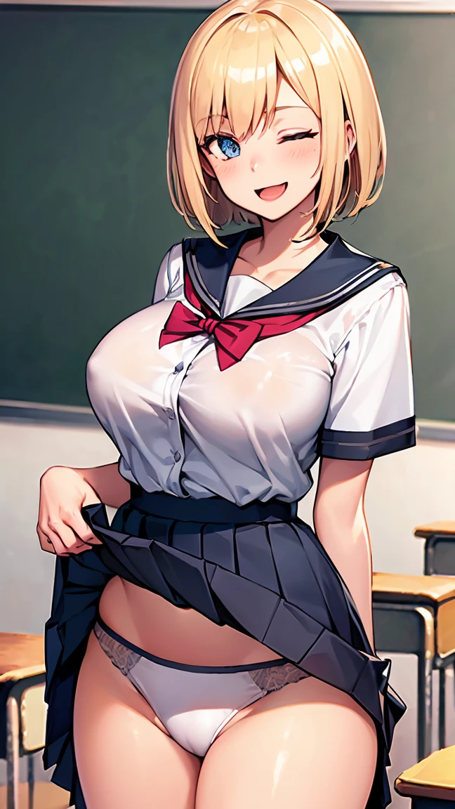 (gleaming skin:1.3), (18yo girl:1.8), blush, laughing, A milf with blonde short hair, tan skin, sky-blue eyes, open mouth, wearing a white bikini, breast,standing, (classroom:1.6). arms behind back. 1girl, extremely detailed CG, super detailed skin, perfect anatomy, dynamic lighting, beautiful detailed eyes, Top quality、Realistic、woman、milf 、Beautiful Eyes、Symmetrical eyes、evil smile、one eye closed, right eye closed, (Big breasts bigger than face、curvy body:1.2)、 (summe school uniform, skirt:1.6), (gleaming skin:1.4)、walkings、BREAK nsfw, (skirt lift:1.5),
