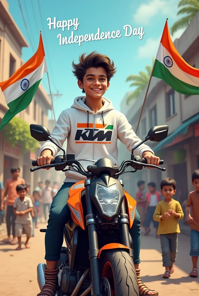 realistic Indian 18 year old boy sitting KTM bike Holding Indian flag and celebrating India festival happy independence day with background of blue sky in Indian Street and boy wearing white hoodie with name”SAI’ style hair on it by the way childrens are holding Indian flag playinga round, some children also playing, and someuncles drinking tea at a shop. also a text written “Happy independence day”at top, 3D art painting real photowith high resolution