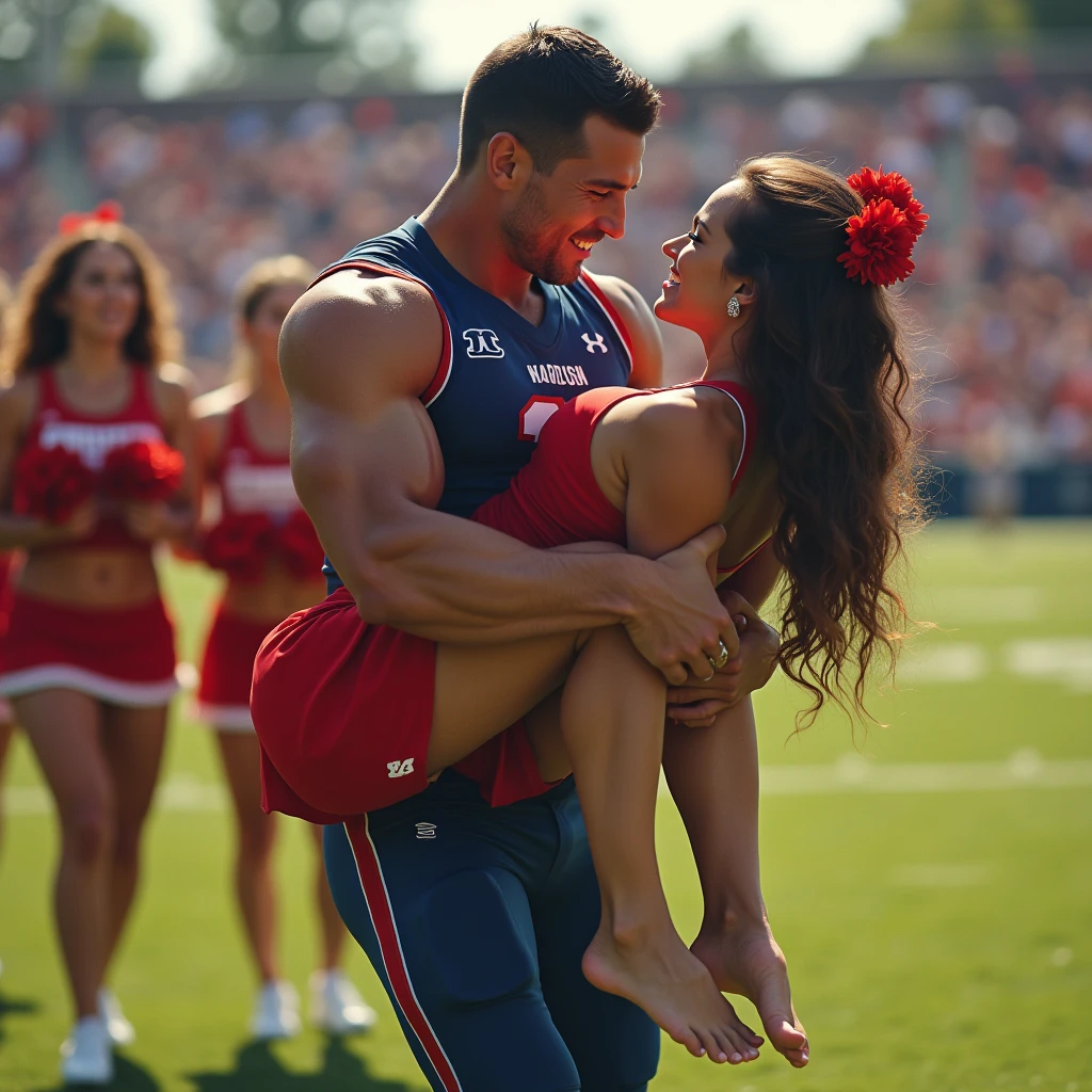 muscular handsome football quarterback Cradle carried by a Beautiful and strong barefoot cheerleader in red. Woman carrying man. Football player in blue uniform. Football player completely lifted off the ground by the cheerleader. Cheerleaders in background.