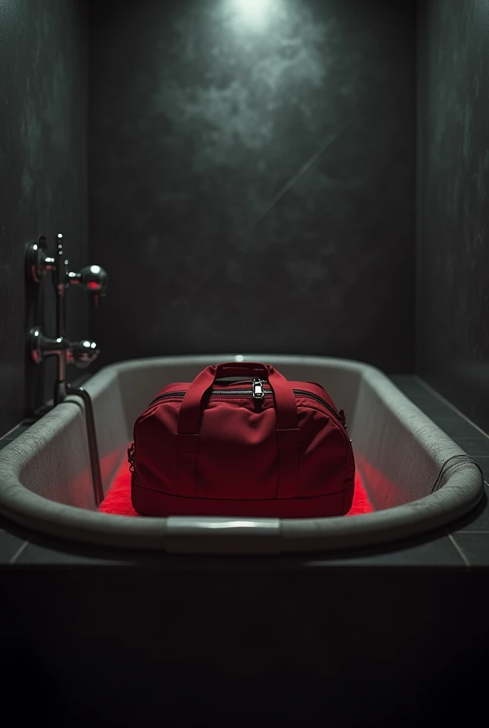 Dark crime scan: in the bathroom tub a red color sport bag in the tub
Please increase bathroom size
Image size 700×400