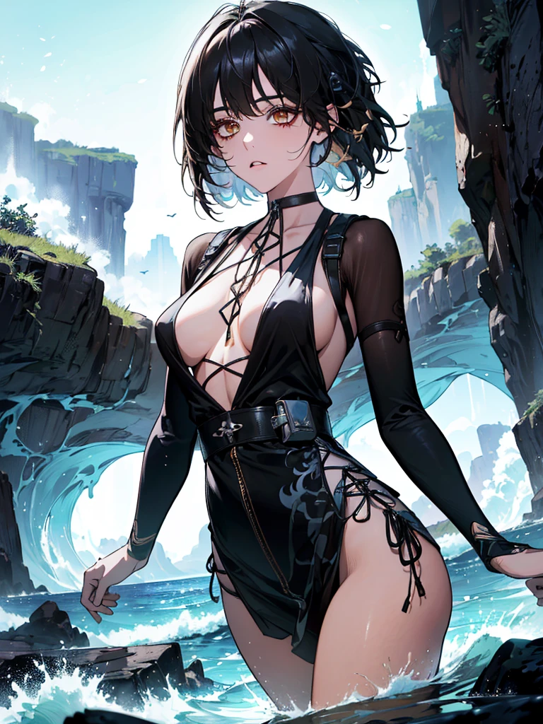 (masterpiece, ultra-detailed, high contrast, high resolution, official illustration)
Photo of the upper body of a beautiful with small breasts. She looks like the character Female Rover from the computer game Wuthering Waves. He has black hair and golden eyes.