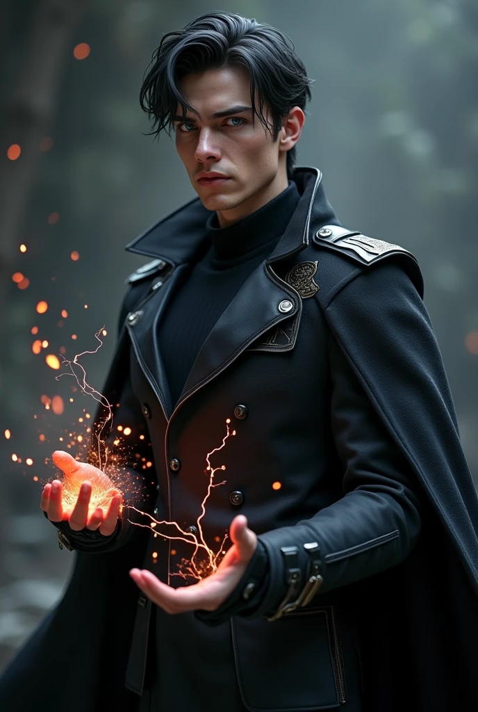 A young man wearing a black military suit, with a serious look, let black fire come out of his left hand and black lightning from his right hand. Let her hair fall slightly on her forehead in black color. Have a black cloak.Let the guy have a beautiful face and blue eyes. Let the suit be a modern suit of the future in black. Let the lightning be black.
