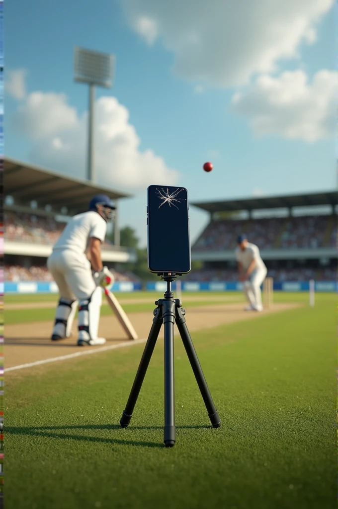 "Generate an image of a cricket pitch showing a broken phone mounted on a tripod where the bowler typically stands in the bowling box. The scene includes the full pitch with the stumps, a wicketkeeper behind them, and a batsman ready to face the delivery. The focus is on the tripod and broken phone in the bowler's position, with the overall environment giving the feel of an active cricket match, including the grass field and stadium in the background."