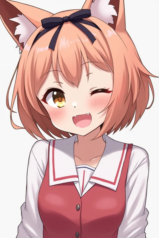 short hair, big breasts, open mouth, hair ribbon, fox ears, short hair, 