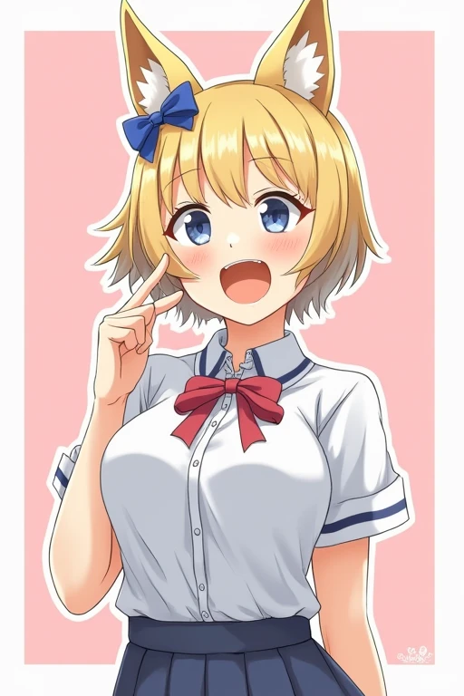 short hair, big breasts, open mouth, hair ribbon, fox ears, short hair,