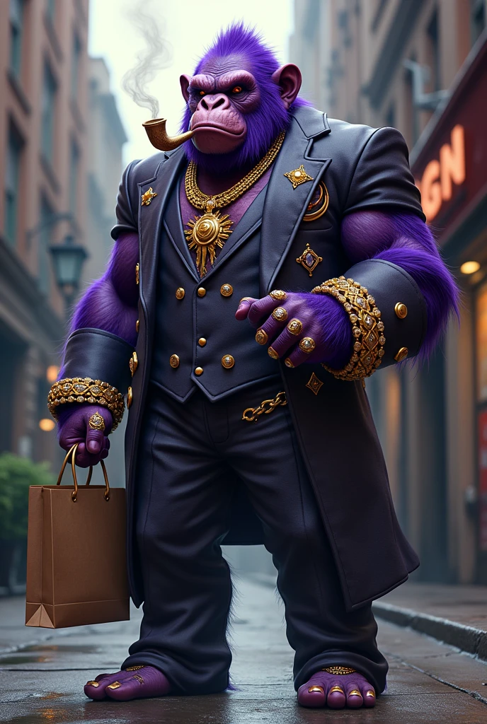 1 purple ape, With giant and high-caliber weapons, with gangster SUIT with chains, tattooed, with huge diamond and gold rings, smoking with a pipe, with a shopping bag. A text that says "Thank you for your purchase"