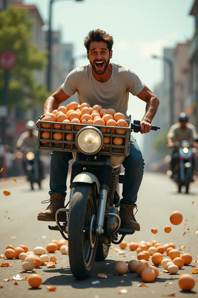 A man carrying eggs with motorbike falls and break