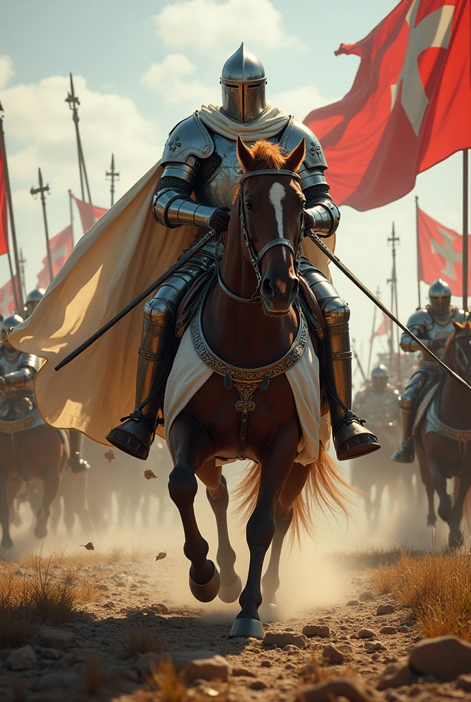 Templar charges into battle on horseback, clad in armor. 