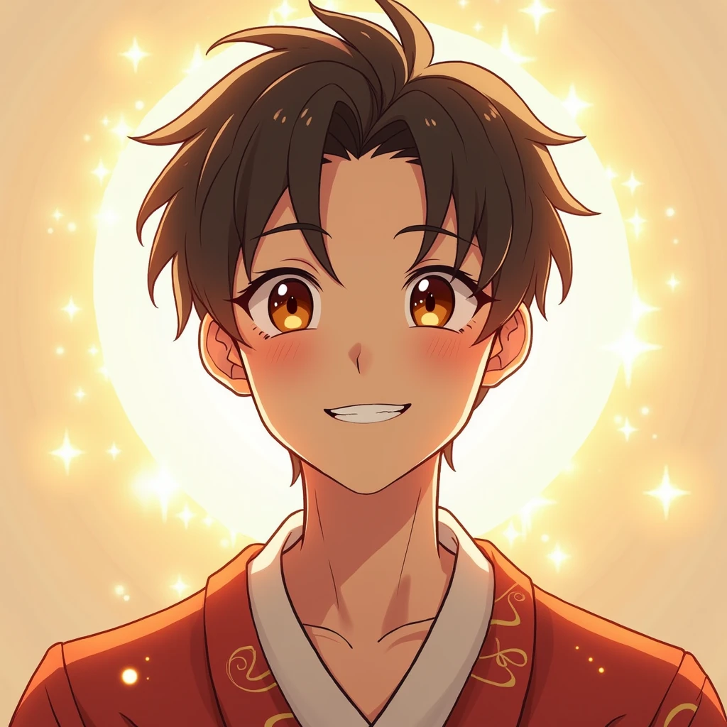 male、smile、Realistic、The background is bright、God of Love、Face is front、The body is also front、