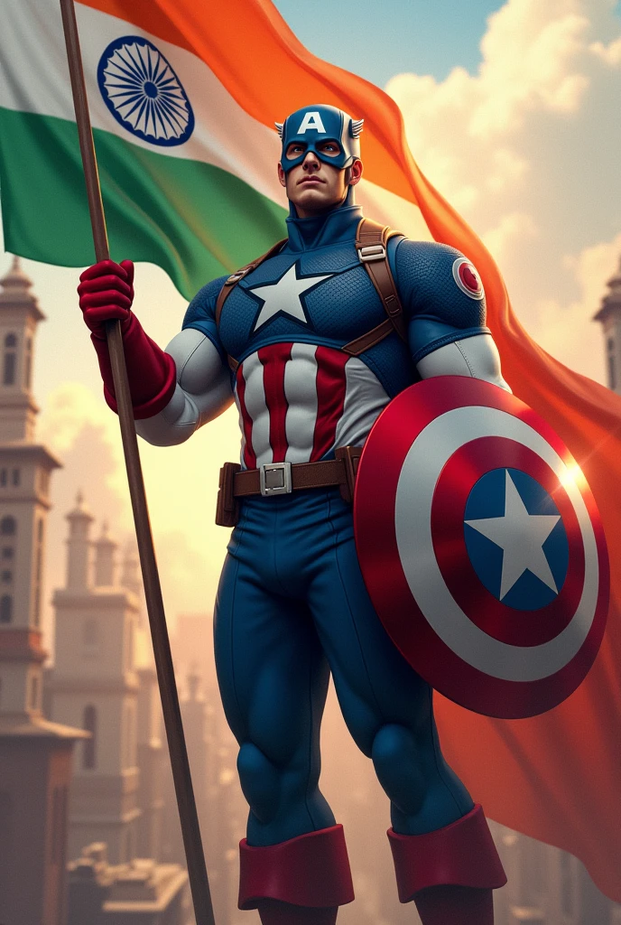 captain America stand with indian flag on his hand