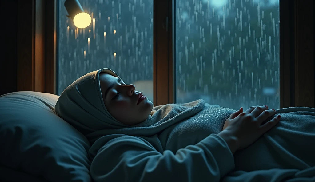 A Muslim woman in a headscarf,slept in her room accompanied by the rain,rain on the glass window, the woman slept,At night it rained