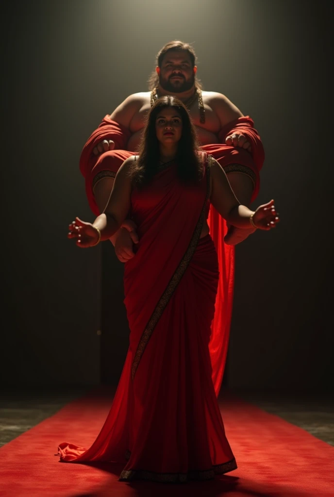 Inside a dark room, dynamic lighting, a smiling and beautiful Indian actress in red satin saree is carrying a obese man on her shoulders, man is sitting on her shoulders, shoulder sitting lift