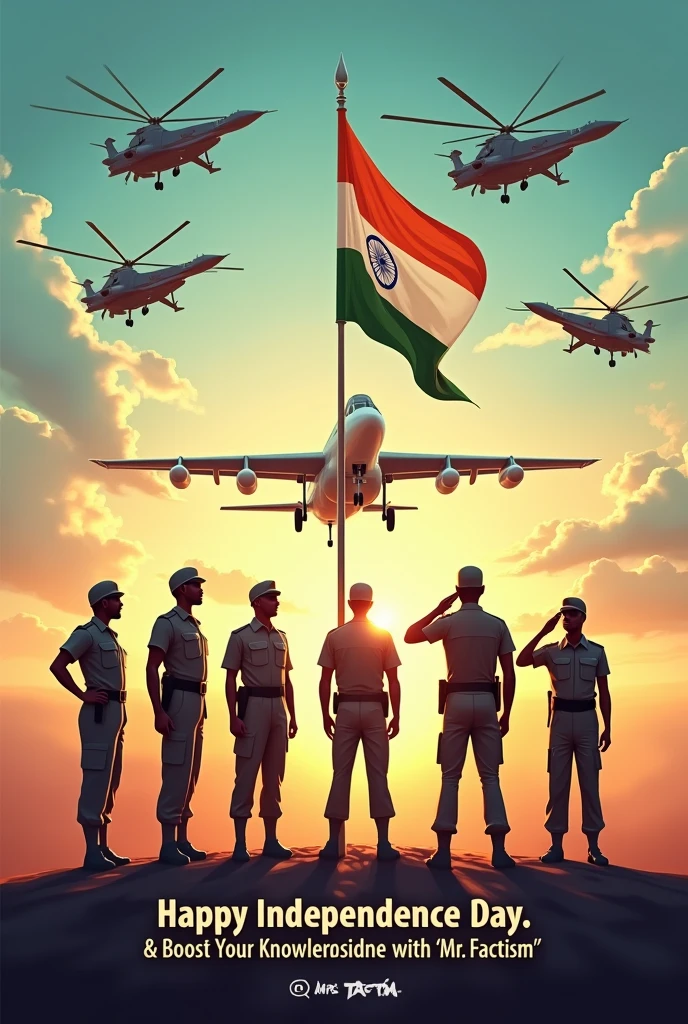 Indian flag with Indian commando salute the flag around choppers and Fighter jets and write the words in this image ' Happy Independence day & Boost Your Knowledge with " Mr. Factism "