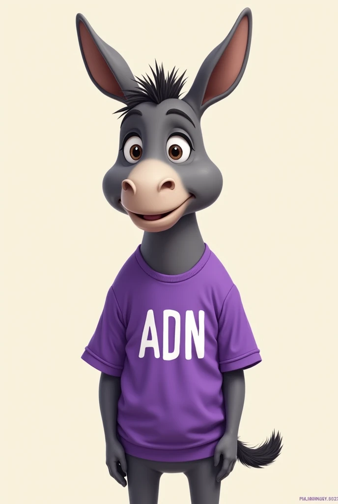 A donkey wearing a purple shirt with the initials 'ADN' in white.