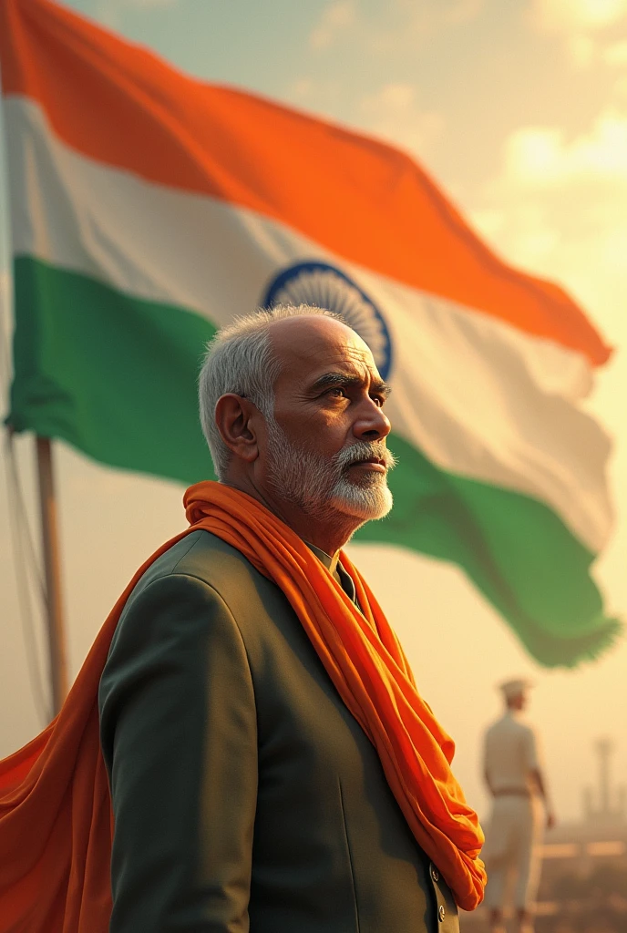 Create an image for India's Independence Day featuring a prominent freedom fighter like Mahatma Gandhi, Bhagat Singh, or Subhas Chandra Bose in a dignified and heroic pose. The background should include the Indian national flag, fluttering gracefully with vibrant saffron, white, and green colors. Add subtle details like the Ashoka Chakra and a background that suggests the spirit of patriotism, perhaps with a faint silhouette of India’s map. The overall style should blend traditional and modern elements, using warm lighting to evoke a sense of pride and celebration.