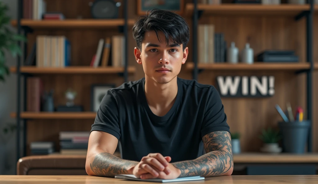A young man with short dark hair and light skin sits at a desk, wearing a dark t-shirt. He has several tattoos visible on his arms and is positioned in front of a wooden bookshelf filled with books. The word WIN is prominently displayed in the center of the image, creating a motivational theme. The setting appears informal and inviting.