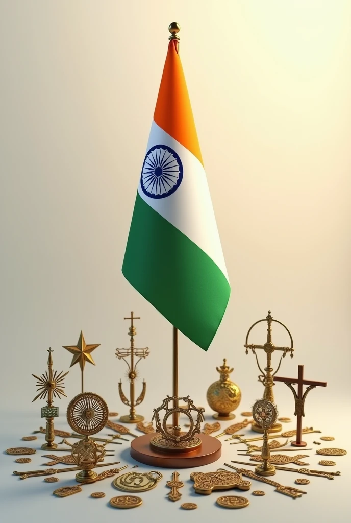 Realistic image of Indian Flag with symbols of different religions around it
