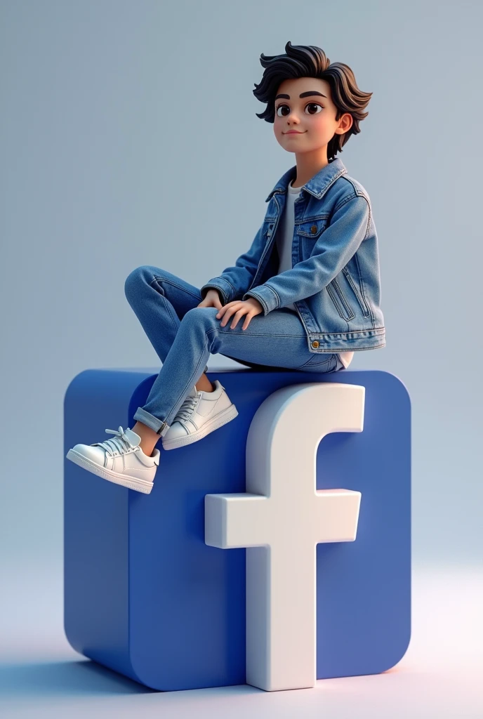 Create a 3D illustration of realistic character sitting casually on top of a social media logo " Facebook social media". The character must wear casual modern clothing such as jeans jacket and sneakers shoes. The background of the image is a social media profile page with a Kali editing"RIPU" and a profile picture that match.