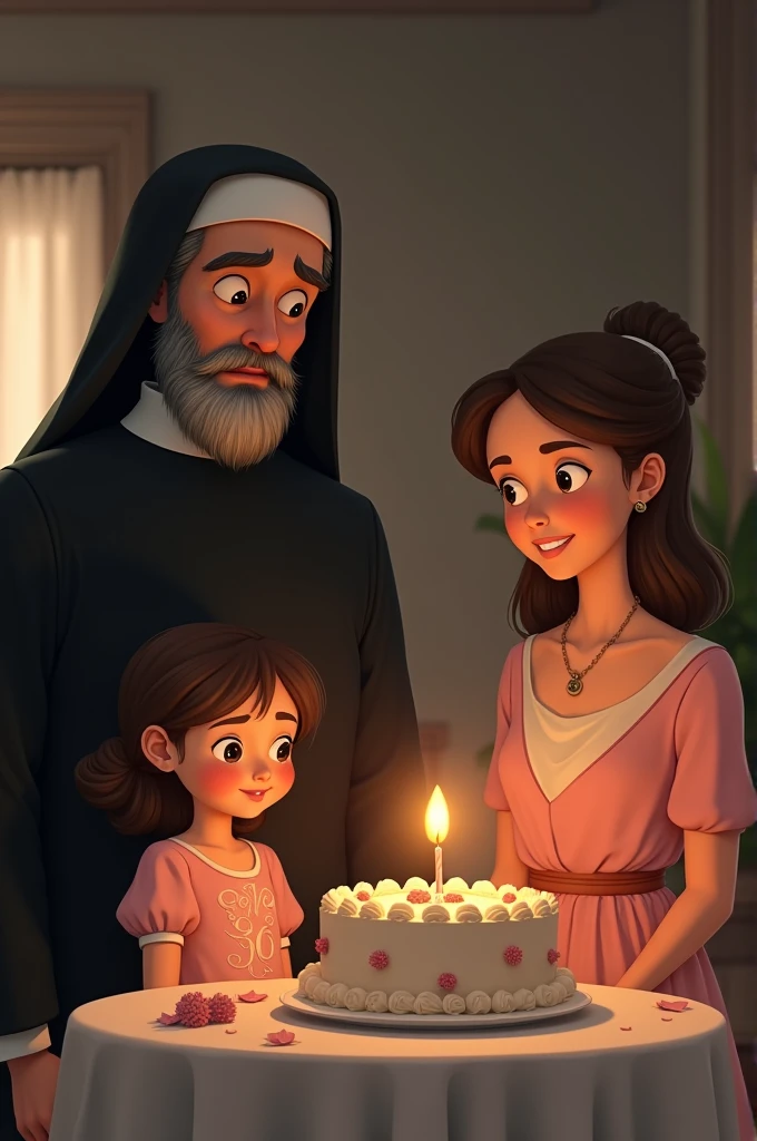 36-year-old American man, stark, nun dress, 28-year-old wife in a delicate pink dress, 7-year-old daughter in a birthday dress, 6th birthday blowing out the candle.
