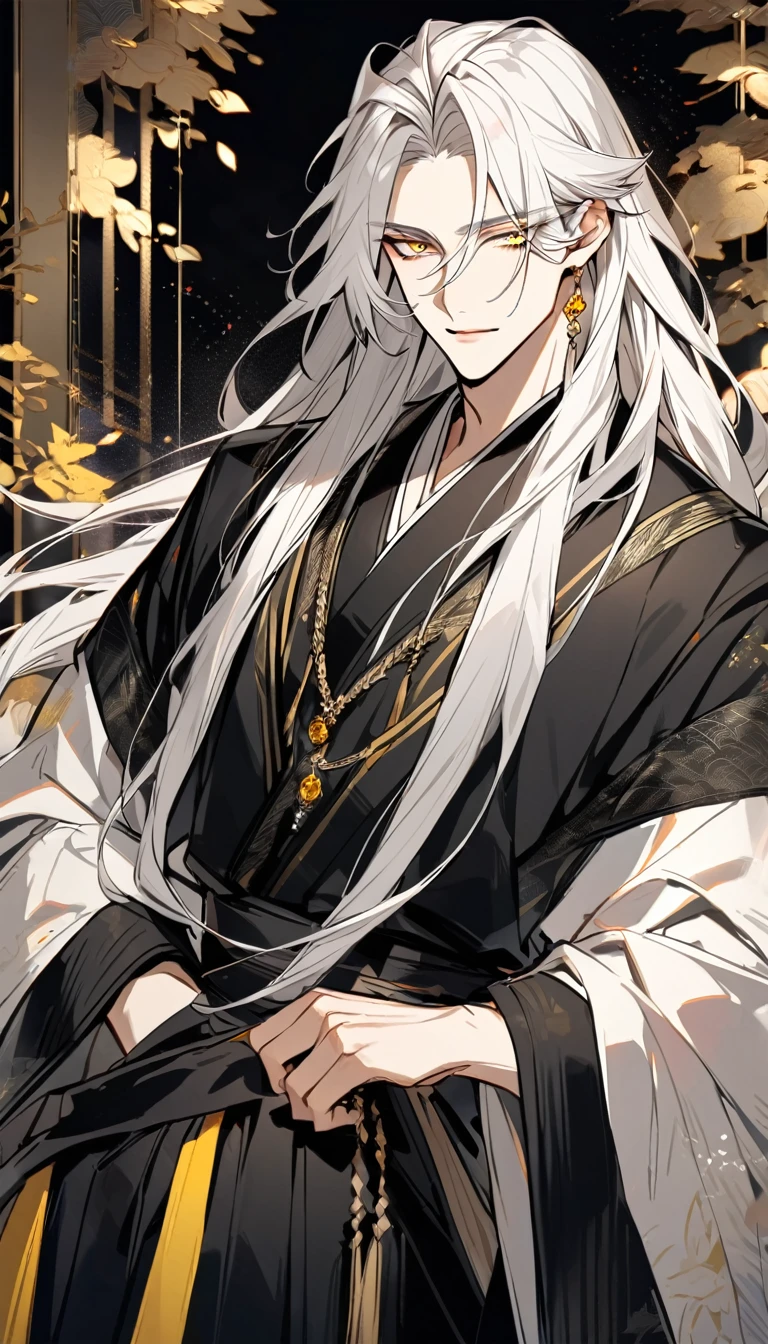 Handsome, solo, 1 male, long hair, white hair, yelow eye, wearing a black Hanfu, bul blackHanfu, Charming male god,  