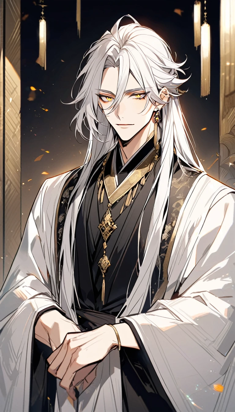 Handsome, solo, 1 male, long hair, white hair, yelow eye, wearing a black Hanfu, black and white Hanfu,