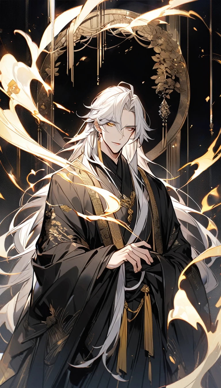 Handsome, solo, 1 male, long hair, white hair, yelow eye, wearing a black Hanfu, black and white Hanfu,