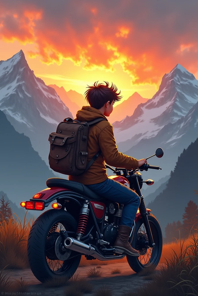 Create a high quality phone wallpaper in which a travelling boy is sitting behind his motorbike and looking at the gorgeous sunset across the mountains 
