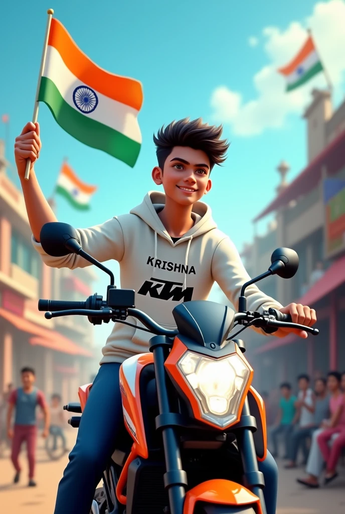 realistic Indian 18 year old boy sitting KTM bike Holding Indian flag and celebrating India festival happy independence day with background of blue sky in Indian Street and boy wearing white hoodie with name”krishna’ style hair on it by the way childrens are holding Indian flag playinga round, some children also playing, and someuncles drinking tea at a shop. also a text written “Happy independence day”at top, 3D art painting real photowith high resolution