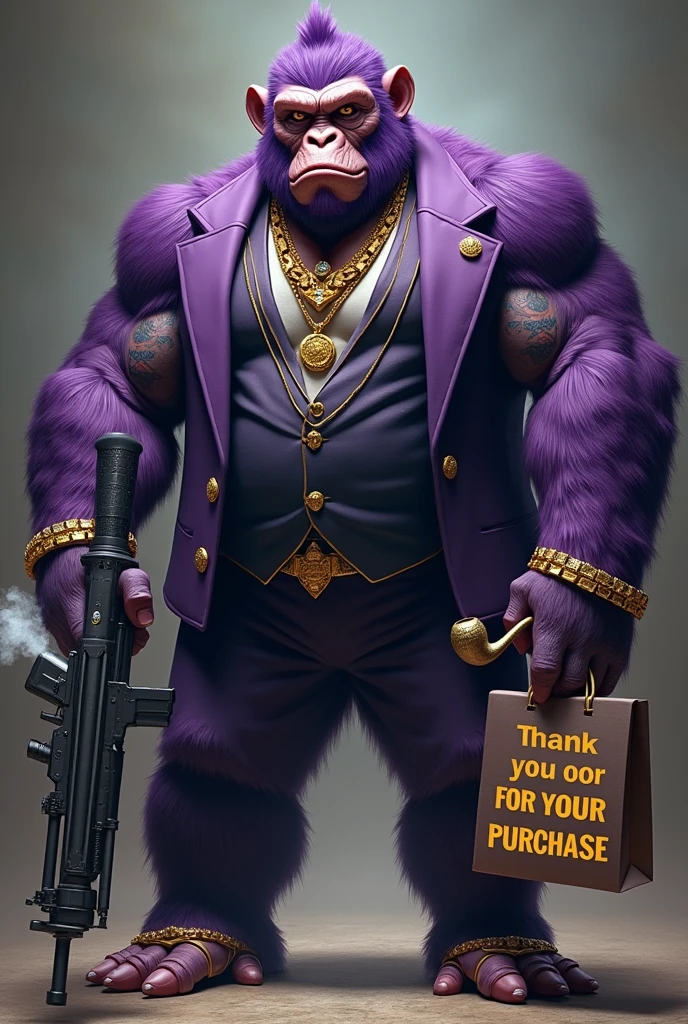 1 purple ape, With giant and high-caliber weapons, with gangster SUIT with chains, tattooed, with huge diamond and gold rings, smoking with a pipe, with a shopping bag. A text that says "Thank you for your purchase"