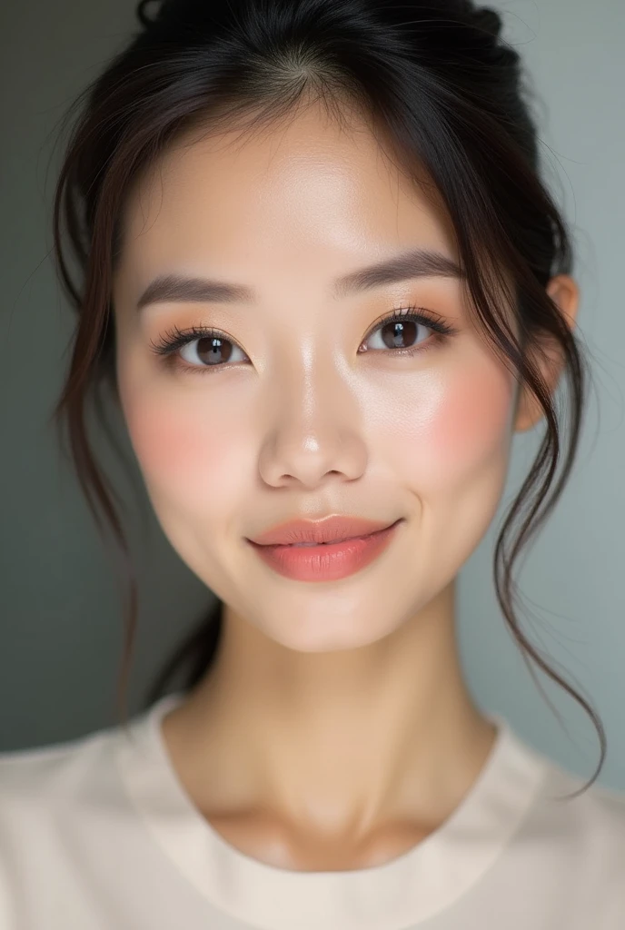 Create an image of a Vietnamese woman's face with a simple and natural makeup look suitable for a professional work environment. The makeup should include a light foundation, subtle blush, natural-looking eyebrows, neutral eyeshadow, a touch of mascara, and a soft nude or pink lipstick. The overall appearance should be elegant, fresh, and polished, emphasizing her natural beauty.
