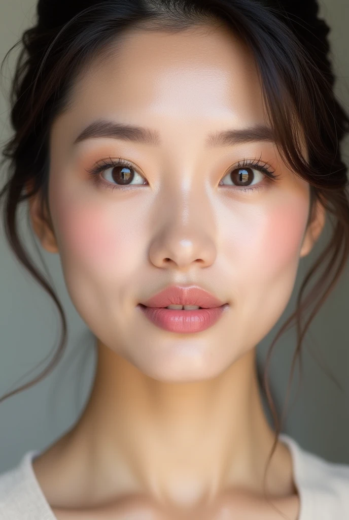 Create an image of a Vietnamese woman's face with a simple and natural makeup look suitable for a professional work environment. The makeup should include a light foundation, subtle blush, natural-looking eyebrows, neutral eyeshadow, a touch of mascara, and a soft nude or pink lipstick. The overall appearance should be elegant, fresh, and polished, emphasizing her natural beauty.