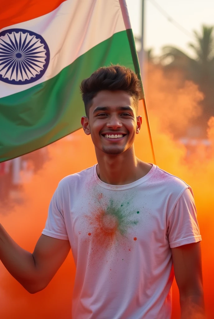 Independence Day white T-Shirt Back Printed Haidar
Tricolour flag in hand, gulal colour all around and a tricolour flag fluttering in front men for 17 year and no beard 

