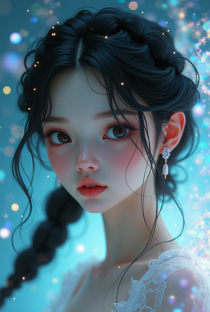 {Celestial hues, lofi, shiny aura, cute, black hair with braids, big pretty realistic eyes, solo, (((perfect pale skin tone, perfect flawless face))), highly detailed, holographic glowing motifs, geometric, perfect composition , beautiful, perfect eyes, full lips, 96k, best quality, full shot ))) (masterpiece, top quality, best quality, official art, beautiful and aesthetic:1.2), (1girl:1.3), extremely detailed,(fractal art:1.1),(colorful:1.1),highest detailed,(zentangle:1.2), (dynamic pose), (abstract background:1.5), (gradient dress:1.2), (shiny skin), (many colors:1.4), ,(earrings:1.4),