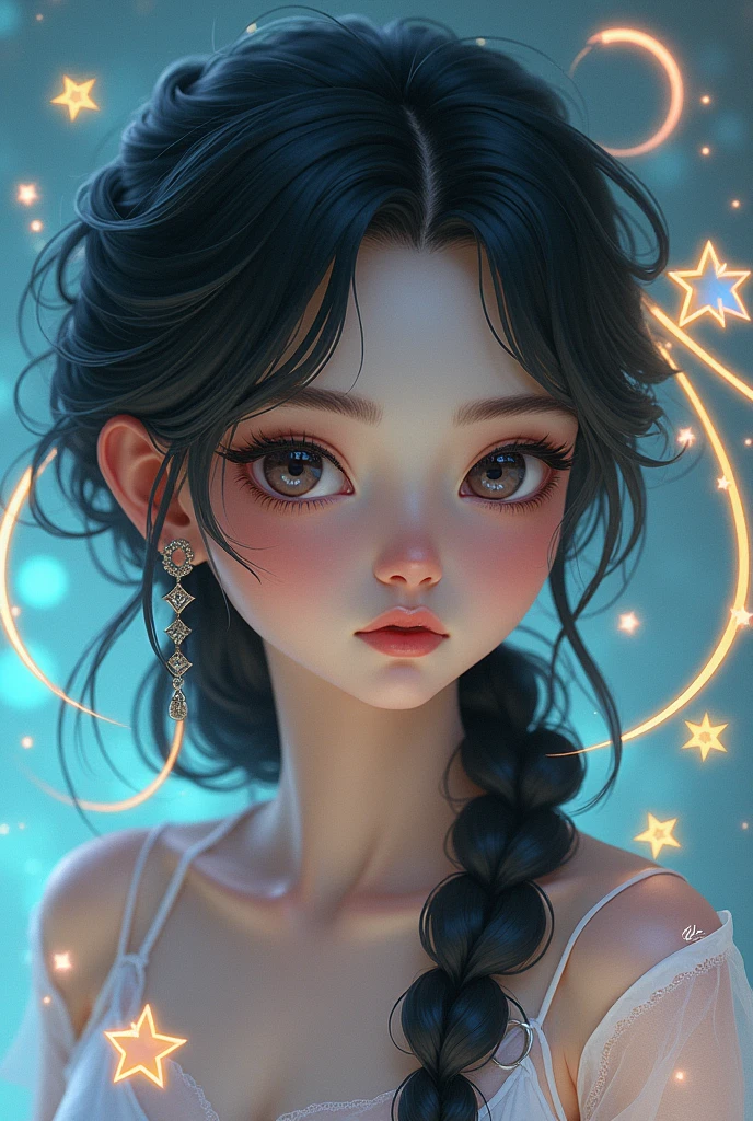 {Celestial hues, lofi, shiny aura, cute, black hair with braids, big pretty realistic eyes, solo, (((perfect pale skin tone, perfect flawless face))), highly detailed, holographic glowing motifs, geometric, perfect composition , beautiful, perfect eyes,  full lips, 96k, best quality, full shot ))) (masterpiece, top quality, best quality, official art, beautiful and aesthetic:1.2), (1girl:1.3), extremely detailed,(fractal art:1.1),(colorful:1.1),highest detailed,(zentangle:1.2), (dynamic pose), (abstract background:1.5), (gradient dress:1.2), (shiny skin), (many colors:1.4), ,(earrings:1.4),
