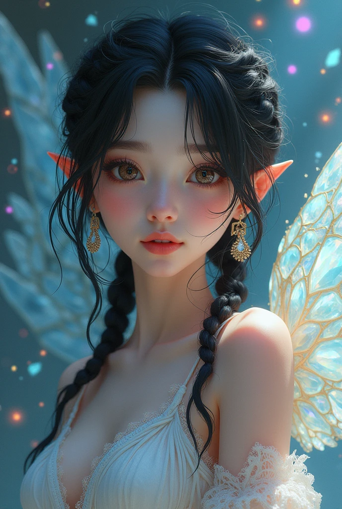 {Celestial hues, lofi, shiny aura, cute, black hair with braids, big pretty realistic eyes, solo, (((perfect pale skin tone, perfect flawless face))), highly detailed, holographic glowing motifs, geometric, perfect composition , beautiful, perfect eyes,  full lips, 96k, best quality, full shot ))) (masterpiece, top quality, best quality, official art, beautiful and aesthetic:1.2), (1girl:1.3), extremely detailed,(fractal art:1.1),(colorful:1.1),highest detailed,(zentangle:1.2), (dynamic pose), (abstract background:1.5), (gradient dress:1.2), (shiny skin), (many colors:1.4), ,(earrings:1.4),
