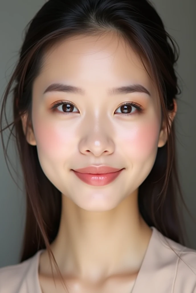 Create an image of a Vietnamese woman's face with a simple and natural makeup look suitable for a professional work environment. The makeup should include a light foundation, subtle blush, natural-looking eyebrows, neutral eyeshadow, a touch of mascara, and a soft nude or pink lipstick. The overall appearance should be elegant, fresh, and polished, emphasizing her natural beauty.