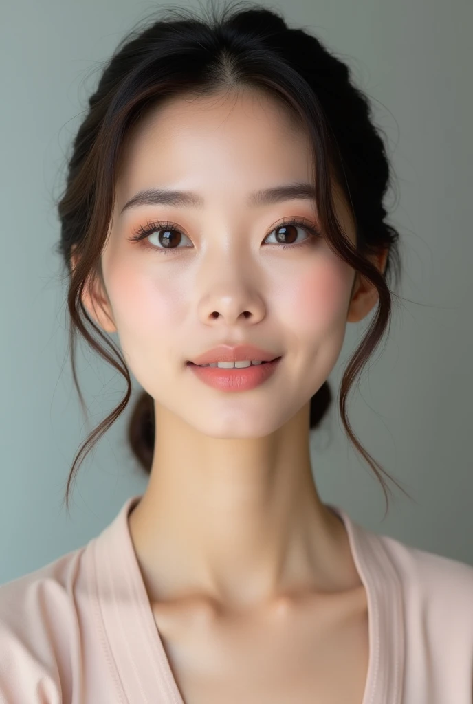 Create an image of a Vietnamese woman's face with a simple and natural makeup look suitable for a professional work environment. The makeup should include a light foundation, subtle blush, natural-looking eyebrows, neutral eyeshadow, a touch of mascara, and a soft nude or pink lipstick. The overall appearance should be elegant, fresh, and polished, emphasizing her natural beauty.